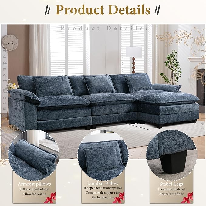 URRED Modular Sectional Sofa Comfy Cloud Couch, Modern Chenille Sofa Sleeper Deep Seat Couches with Ottoman/Pillows for Living Room (Blue, 117''- L Shape)-Ruum Studio Home
