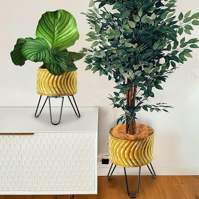 Harvest Land Plant Pots with Stand, Set of 2 Large Modern Planters Metal Tall Handmade Flower Pots with Drainage Holes Indoor Outdoor,Gold-Ruum Studio Home