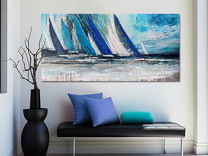 Arjun Blue Abstract Wall Art Canvas Teal Ocean Sailboat Picture Modern Turquoise Coastal Nautical Painting Large 48"x24" Framed Textured Artwork for Living Room Bedroom Bathroom Home Office Wall Decor-Ruum Studio Home