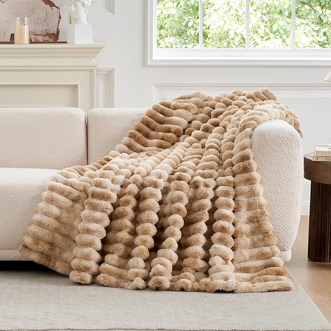 Cozy Bliss Faux Fur Throw Blanket for Couch, Cozy Warm Plush Striped Blanket for Sofa Bedroom Living Room, 50 * 60 Inches Tie-dye Kahki-Ruum Studio Home