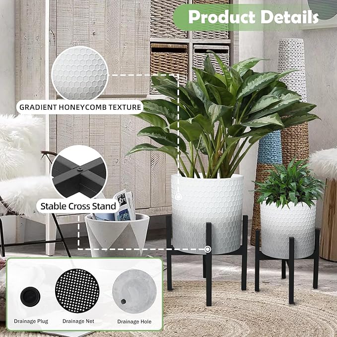 10 & 12 Inches Planters with Metal Sand for Indoor Plants Set of 2,Decorative Plant Pots with Holder, Outdoor Flower Pots with Legs, Modern Garden Pot with Drainage Holes for Snake Plant, House plants-Ruum Studio Home