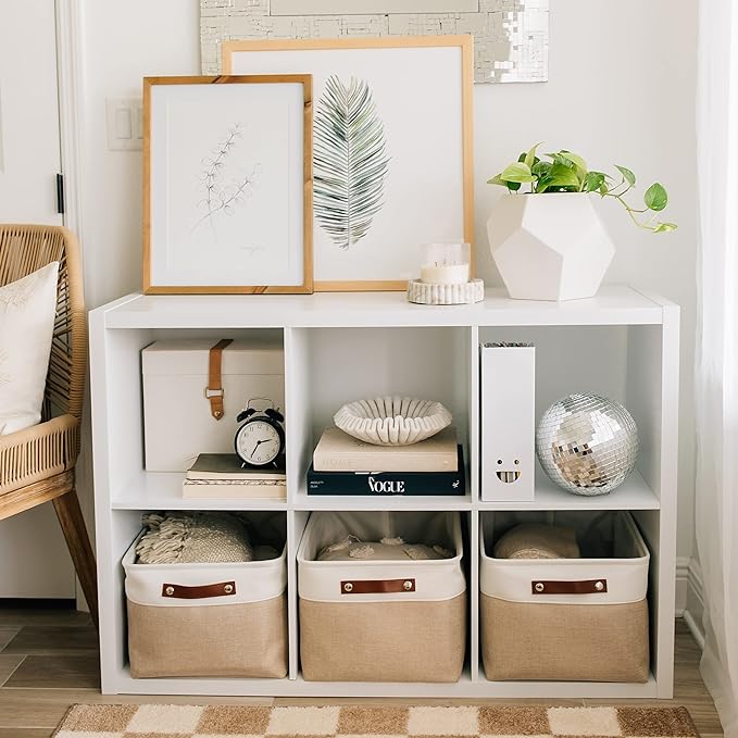 OrganiHaus Extra Large Fabric Storage Bins for Shelves 16x13in, Closet Storage Baskets for Shelf Organizing, Canvas Rectangle Bins for Organization, Linnen Baskets for Organizing - Beige/Off-White-Ruum Studio Home
