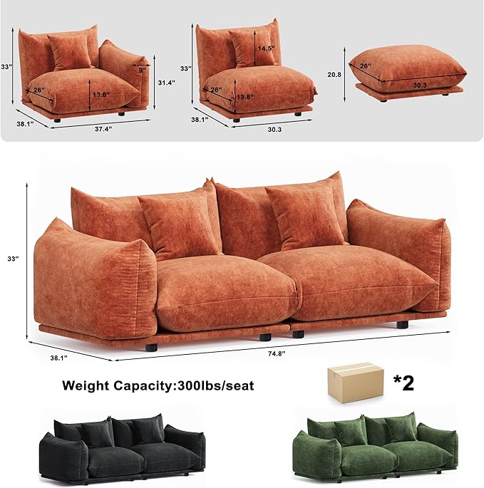 Modern Minimalist Chenille Modular Sectional Sofa, Oversized Couch and Loveseat Set with Thick Cushions, Upholstered Sofa for Small Spaces, Living Room, Bedroom, Office, Apartment(Orange,75" Loveseat)-Ruum Studio Home