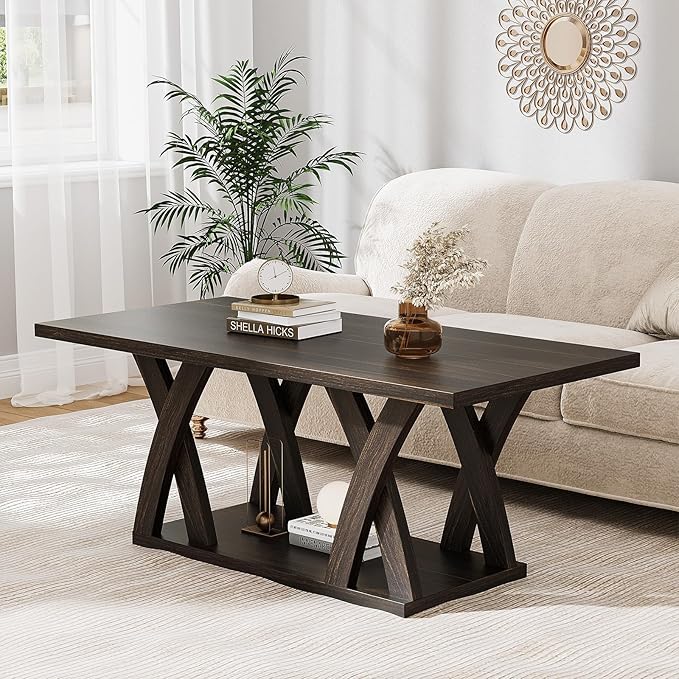 47” Wood Coffee Tables for Living Room Rustic Stands with Storage Shelf Brown Coffee Tables for Living Room. Farmhouse Center Stands with Shelf Farmhouse Rectangle Center Table-Ruum Studio Home