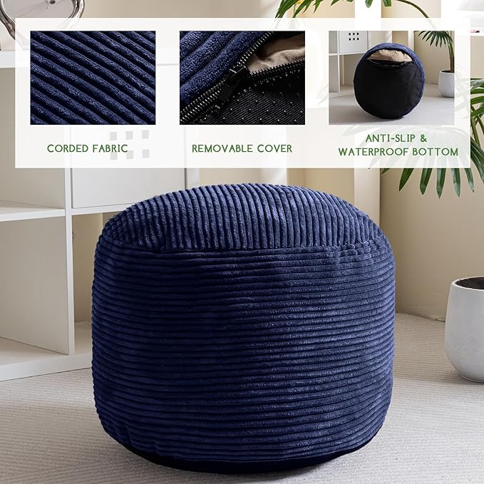 HIGOGOGO Round Stuffed Pouf Ottoman, Corduroy Poufs with Foam Chunk Filling, Furry and Fluffy Pouf Foot Stool Storage Ottoman, 26 X 18 Floor Poufs Foot Rest for Living Room, Navy-Ruum Studio Home