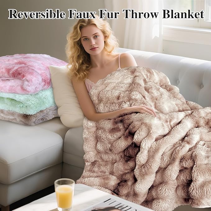 Bcareself Faux Fur Blanket Two Sided Ultra Soft Fluffy Reversible Fuzzy Throw Blanket for Women Men Double Sided Ombre Faux Luxe Faux Fur Thick Minky Blanket for Couch Bed-Ruum Studio Home