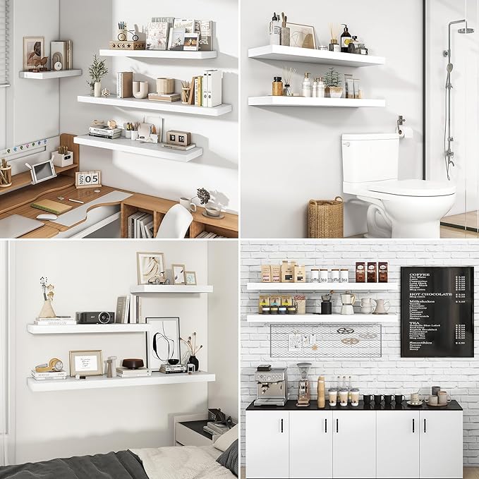 RICHFOCUS 72Inch Floating Shelves for Wall 1 Pack Shelves for Bedroom|Kitchen|Bathroom Wall Mounted Rustic Wood Floating Shelf with Invisible Brackets for Books|Storage|Decor, White-Ruum Studio Home