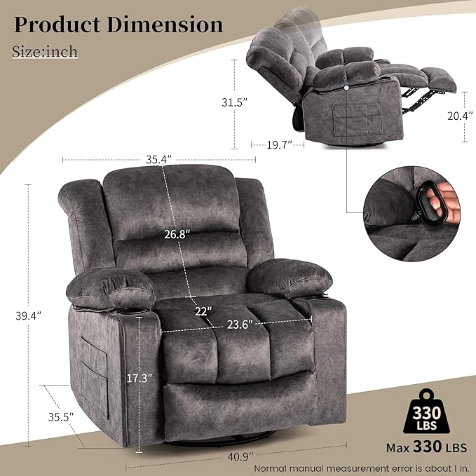 Recliner Chair Rocker Modern Ergonomic Lounge 360 Degree Swivel Single Sofa Seat Living Room Lounge Recliners on Clearance Foam Filling-Ruum Studio Home