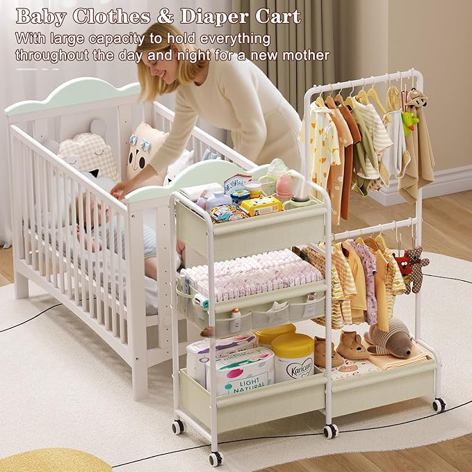 2in1 Baby Diaper Caddy & Clothes Organizer and Storage Rolling Cart, Large Capacity Nursery Organization For Baby Dresser,Changing Table, Crib, With 2 Dividers & 7 Pockets,White-Ruum Studio Home