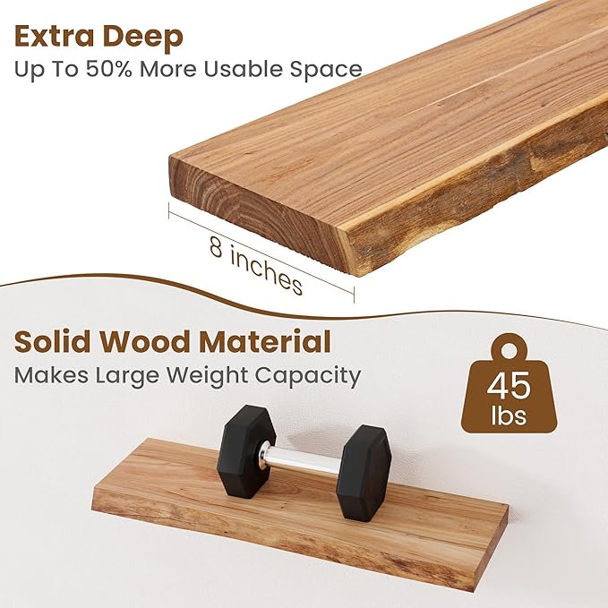 Floating Shelves for Wall Decor, Rustic Solid Elm Wood Live Edge Floating Shelves Wall Mounted, Wall Shelves with Invisible Bracket for Living Room Bathroom Bedroom Kitchen, 24 Inch Set of 2, Natural-Ruum Studio Home