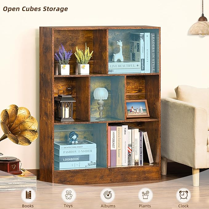 LEYAOYAO 7 Cube Bookshelf with Base,3 Tier Mid-Century Modern Brown Bookcase,Standing Wide Bookshelves Storage Organizer Shelf,Rustic Wood Display Cabinet Book Shelves for Bedroom,Living Room,Office-Ruum Studio Home