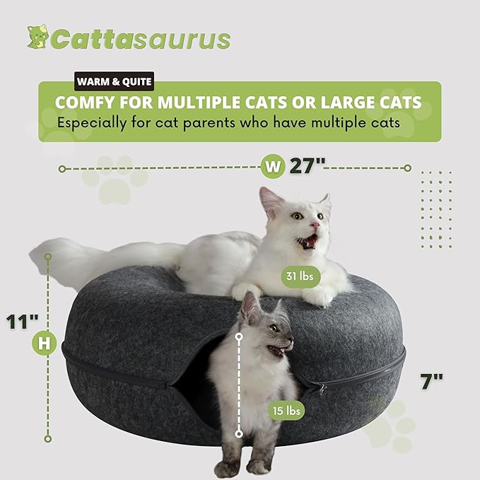 CATTASAURUS Peekaboo Cat Cave for Multiple & Large Cats Up to 30-45 Lbs, Scratch Detachable & Washable Tunnel Bed, Comfy Donut Cat Cave (Dark Gray, Jumbo)-Ruum Studio Home