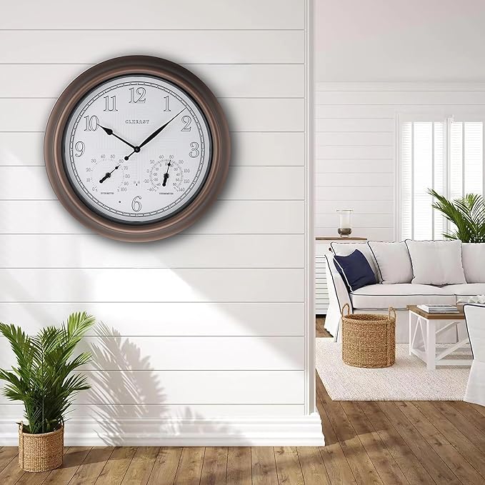 CLXEAST 18 Inch Illuminated Outdoor Indoor Atomic Analog Wall Clock with Temperature & Humidity, Lighted Outdoor Clocks for Patio Large Waterproof with Thermometer,Bronze Finish,House Warming Gifts-Ruum Studio Home