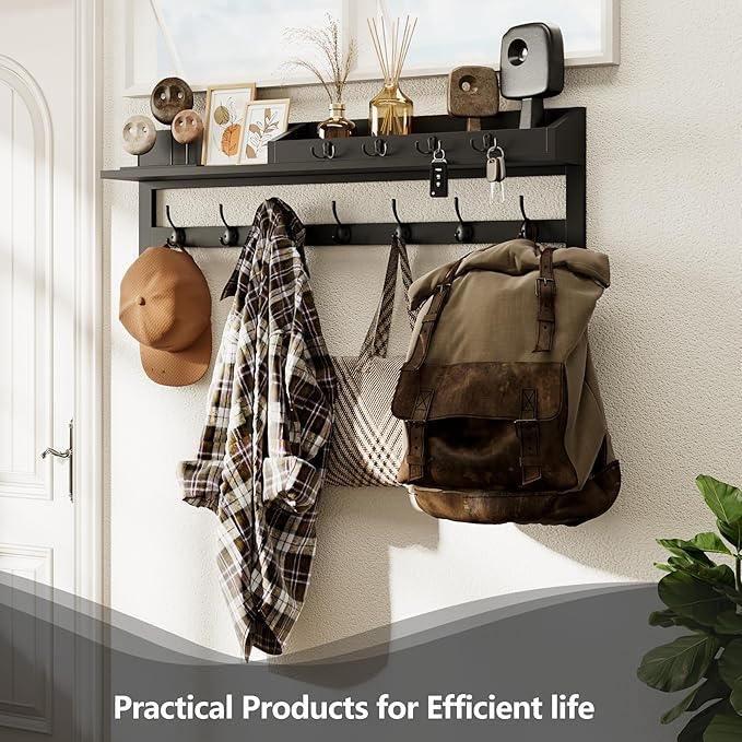 AMBIRD 35 inch Wall Hooks with Shelf, Coat Rack Wall Mount, Large Coat Hanger for Wall, Entryway Shelf with 7 Dual Coat Hooks, 4 Key Hooks and Mail Organizer, Wooden Key Holder Rack (Black)-Ruum Studio Home