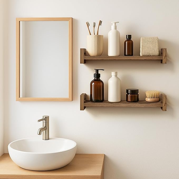 Vailando Floating Shelves for Wall, Set of 4 Solid Wood Wall Mounted Shelves, 16" Rustic Walnut Display Shelf for Bedroom, Living Room, Bathroom, Kitchen – Strong Load Capacity & Natural Pine-Ruum Studio Home