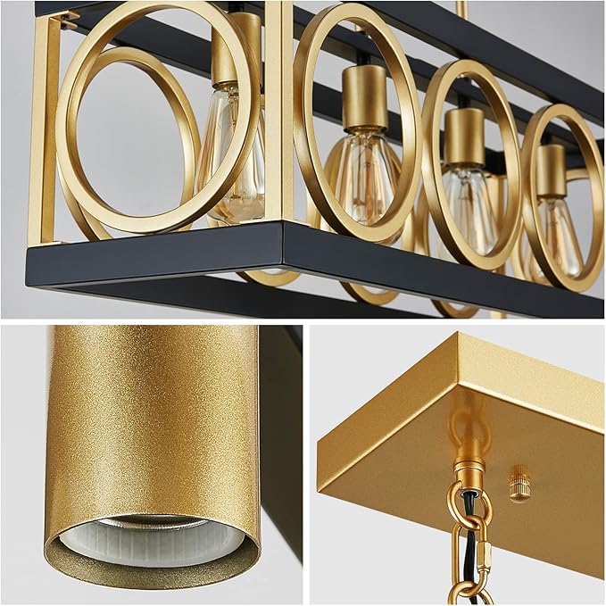 XINGQI Modern Rectangle Chandelier, Farmhouse Kitchen Island Lighting Rustic Industrial Hanging Light Fixture 4-Light Metal Linear Pendant for Dining Room Living Room Hallway, Black and Gold-Ruum Studio Home