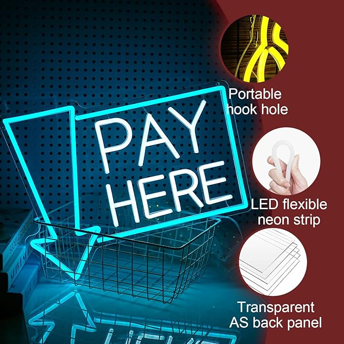 Pay Here Neon Sign Bright Ice Blue White Pay Light Up Sign for Business Decor Dimmable LED Words Neon Light for Restaurant Shop Bar Neon Wall Decor (16.5 * 12.8 In)-Ruum Studio Home
