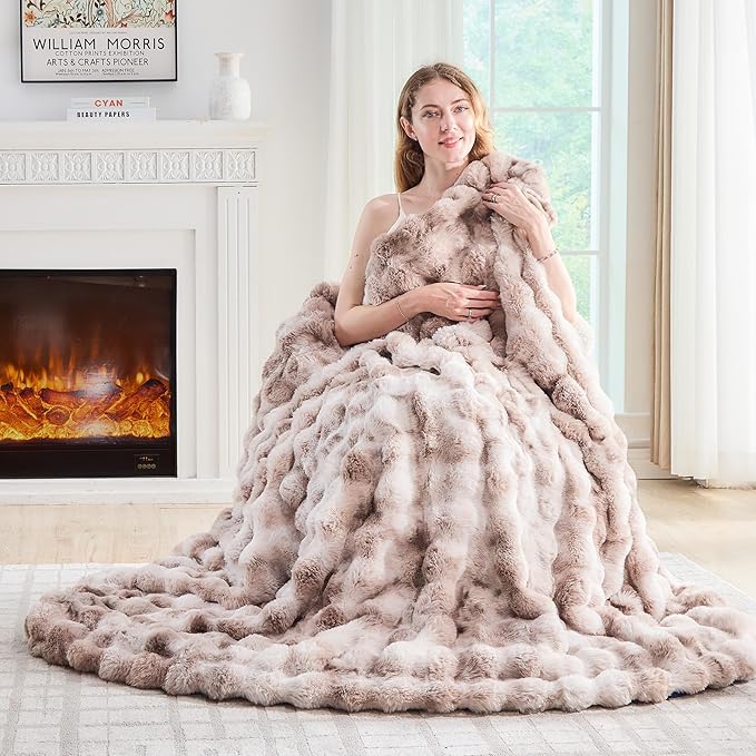 Lotus Karen Faux Fur Throw Blanket Tie-Dye Beige - Big Bubble Rabbit Fluff Blanket for Couch, Small Fluffy Fuzzy Cozy Blankets,Thick Furry Plush Shaggy Blankets,60x80 Inches-Ruum Studio Home