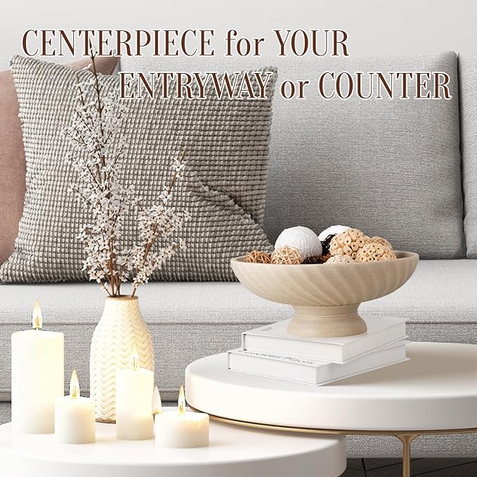 Large Resin Pedestal Decorative Bowl - Modern Fruit Bowl for Kitchen Counter - Handicraft Bowls for Home Decor - Key Bowl for Entry Table,Artificial Stone Beige-Ruum Studio Home