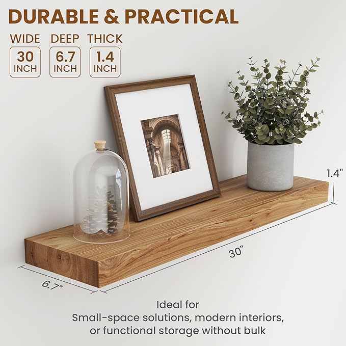 Rustic 30" Floating Shelves, Real Elm Wood Floating Shelf for Wall, Heavy-Duty Wall Shelves for Books, Wooden Floating Shelves with Invisible Bracket for Bathroom, Kitchen, Natural Color, Set of 2-Ruum Studio Home