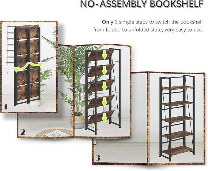 4NM No Assembly Foldable Bookshelf, 5-Shelf Collapsible Bookcase Storage for Small Spaces, 62.2" H, Rustic Brown and Black-Ruum Studio Home