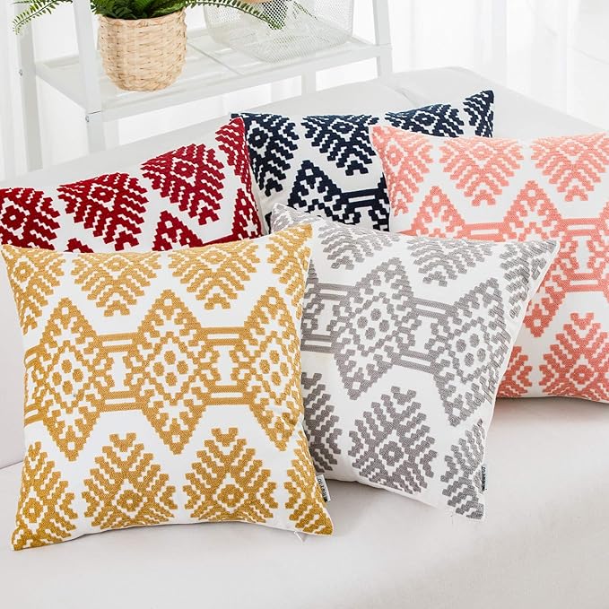 HWY 50 Orange Decorative Throw Pillow Covers 18x18 Inch, Pack of 2 Embroidered Cotton Farmhouse Cushion Cover Pillow Case for Sofa Couch Living Room Bed Bedroon, Modern Diamond Geometric-Ruum Studio Home