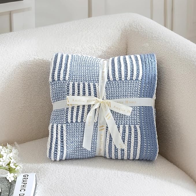 Amélie Home Chenille Knit Throw Blanket for Couch, Checkered Texture Decorative Soft Blanket for Sofa, Bed & Living Room, 50"x60", Blue & White-Ruum Studio Home