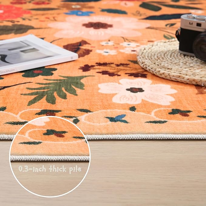 Bedroom Rug 3x5 Rug Washable Area Rug Non Slip Low Pile Boho Floral Small Carpet for Bedroom, Bedside, Kitchen, Entryway, Kids Room, Office, College Dorm Essentials for Girls(Yellow)-Ruum Studio Home