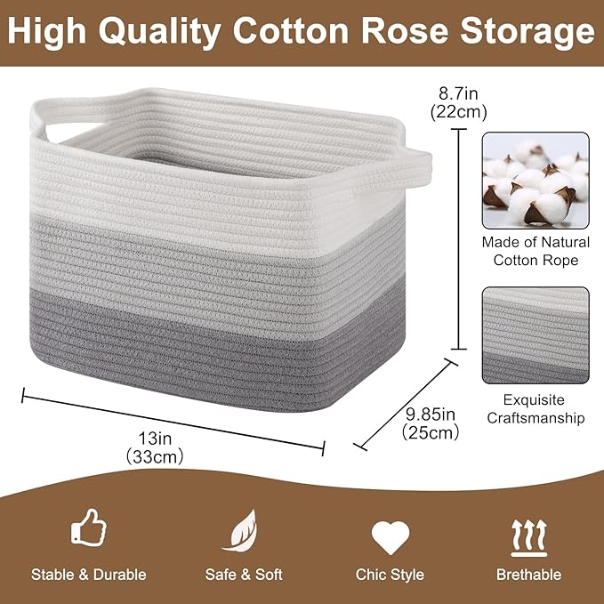 Storage Basket for Organizing, Woven Baskets for Storage, Rectangle Decorative Baskets for Shleves, Closet, Toys, Books, Nursery Organizer Bins - Pack of 3 (Gradient Gray)-Ruum Studio Home