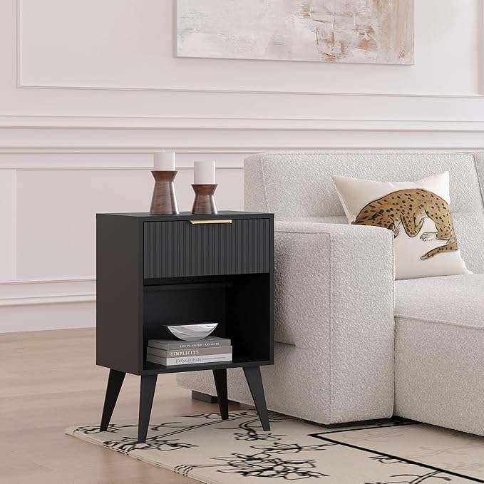 Fluted Night Stand with Opening Storage,Mid Century Bedside Table with Drawer,Modern Nightstand with Solid Wood Legs,End Table Side Table for Living Room,Bedroom,Black CTG56BK-Ruum Studio Home