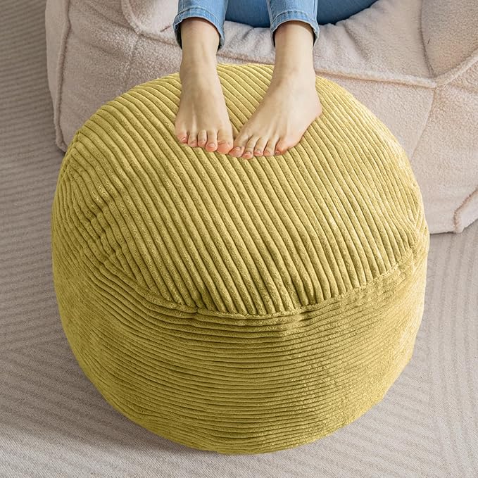 HIGOGOGO Round Stuffed Pouf Ottoman, Corduroy Poufs with Foam Chunk Filling, Furry and Fluffy Pouf Foot Stool Storage Ottoman, 20 X 15 Floor Poufs Foot Rest for Living Room, Green-Ruum Studio Home