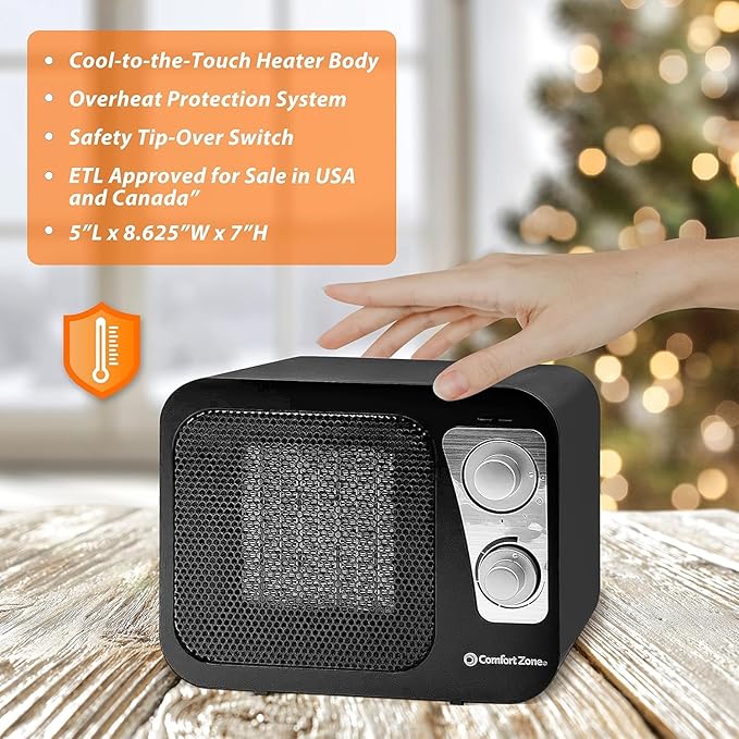 Comfort Zone Space Heaters for Indoor Use, Portable Heater, Fast Heating, Electric Heater, Thermostat, Retro Design, Bedroom Heater with Overheat Protection, Safety Tip-Over Switch 1,500W, Black-Ruum Studio Home