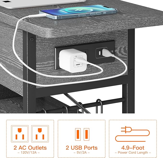 End Table with Charging Station, Flip Top Nightstand with USB Ports and Outlets,Couch Side Table with Fabric Bag and Hooks, Bedside Table for Space Saving, Living Room, Bedroom (Grey)-Ruum Studio Home