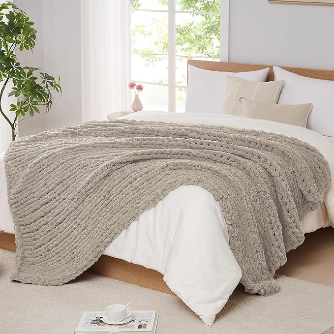 L'AGRATY Chunky Knit Blanket Throw: 50''x60'' Chenille Chunky Knitted Throw Blanket for Bed Couch - Handmade Thick Big Cable Knit Blanket - Large Crochet Rope Blanket for Home Decor(Light Linen)-Ruum Studio Home