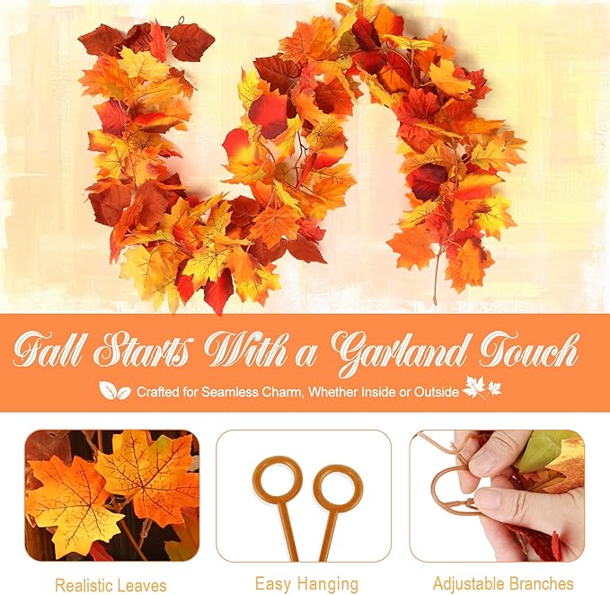 Joyhalo 2 Pack Fall Leaves Garland Indoor Outdoor Fall Decor,Hanging Maple Leaves Garland for Mantle, Door Frame,Fireplace and Thanksgiving Decor-Ruum Studio Home