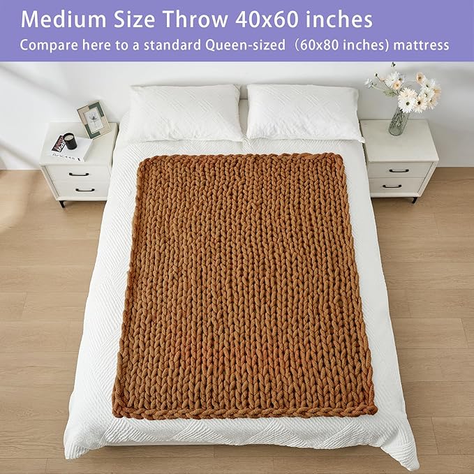 Bigacogo Chunky Knit Throw Blanket for Couch, 40x60 inches, 100% Hand Knitted with Thick Jumbo Chenille Yarn, Cozy Soft Large Rope Knot Cable Crochet Blankets for Sofa Bed Living Room, Caramel-Ruum Studio Home