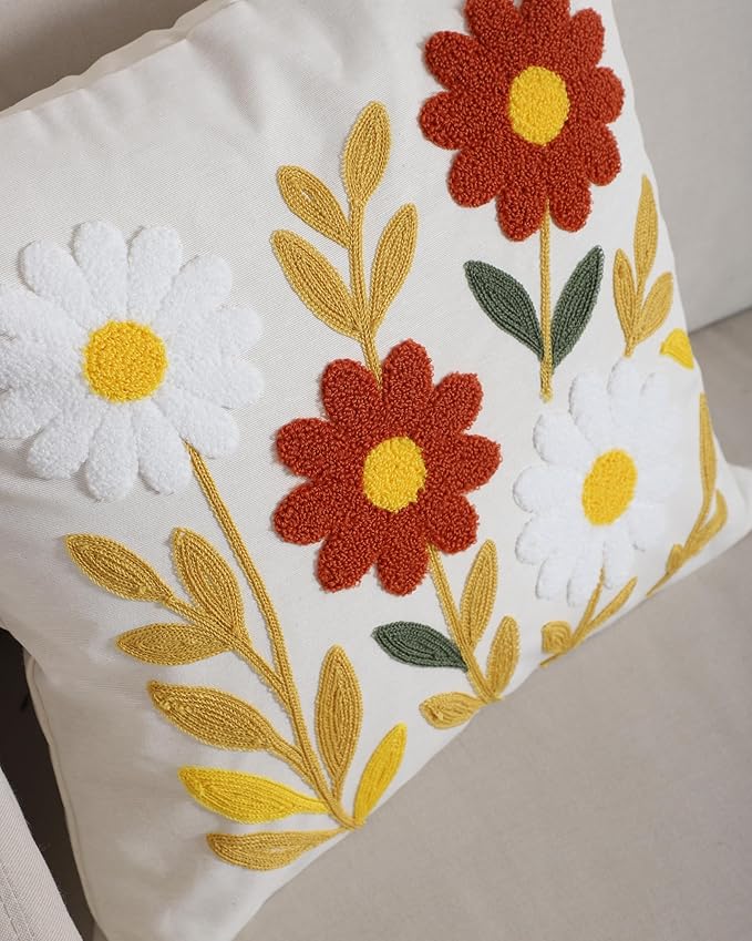 Throw Pillow Cover with Sunflower Embroidery – 18x18 inch Handmade Punch Needle Cushion – 100% Cotton Decorative Pillow for Couch, Bed or Living Room – Boho Floral Home Decor-Ruum Studio Home