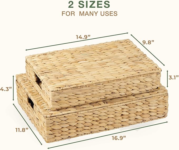 Set of 2 Wicker Baskets with Lid for Organizing - Decorative Storage Boxes With Lids for Home Decor, Shelves - Organic Modern Home Decor - Remote Box - Coffee Table Basket-Ruum Studio Home