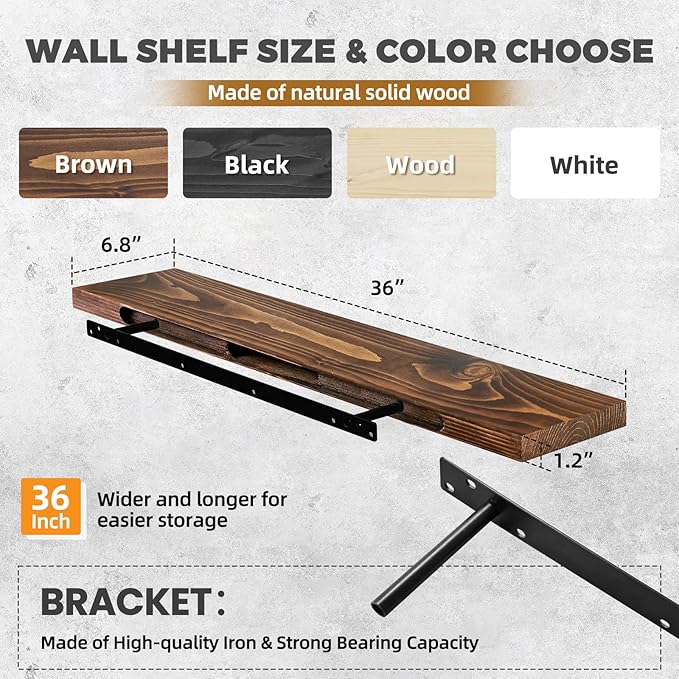36"x6.8"x1.2" Solid Wood Floating Shelves 2-Pack - Rustic Brown Finish with Hidden Brackets, Perfect for Storage and Décor in Living Room, Kitchen, Bedroom-Ruum Studio Home