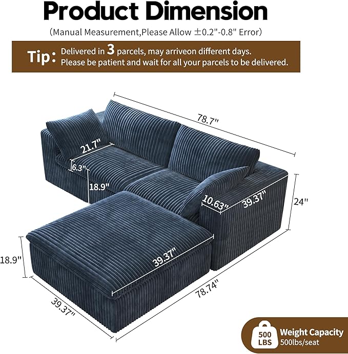 78.74" L Shaped Modern Sofa Modular Sectional Cloud Couch with Ottoman,Upholstered Couches with Plush Corduroy Fabric for Living Room Furniture,Bedroom and Apartment,No Assembly Required,Blue-Ruum Studio Home