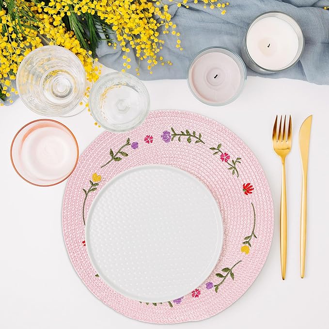 Whaline 4Pcs Round Placemats Spring Flower Embroidered Place Mats Pink Floral Dinner Table Mats for Home Holiday Wedding Bridal Baby Shower Birthday Party Decor-Ruum Studio Home