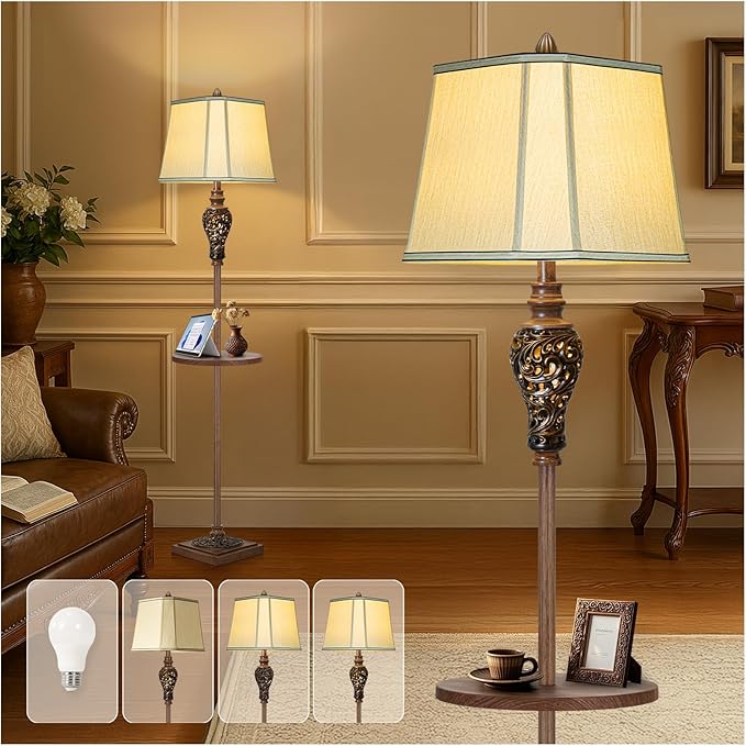 65" High Vintage Floor Lamp with Night Light and Glass Tray, Farmhouse Standing Lamp with Beige Faux Silk Shade, Retro Rustic Tall Lamp Decor for Living Room, Bedroom, Bedside, Corner (Bulb Included)-Ruum Studio Home