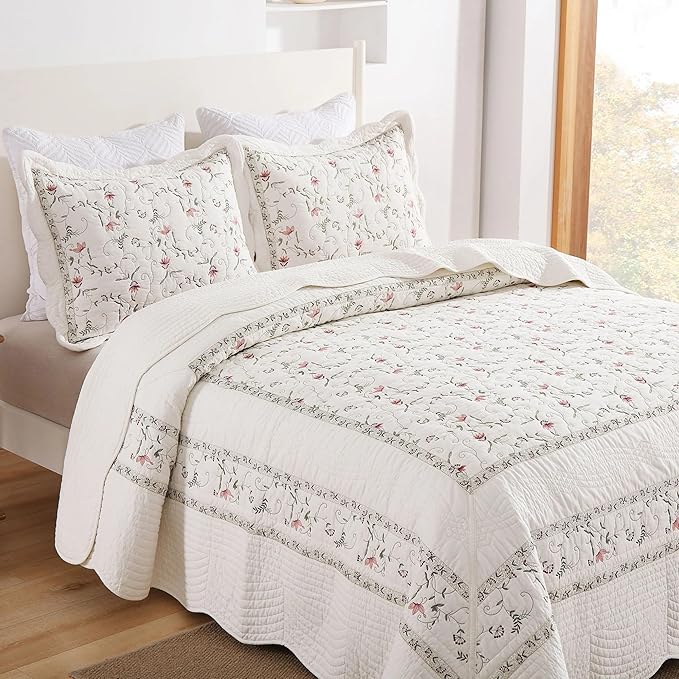 MarCielo 3-Piece 100% Cotton Oversized Bedspread Lightweight Quilt Coverlet Embroidery Farmhouse Bedding Set(TC Soft White,Oversized King (118"x106"))-Ruum Studio Home