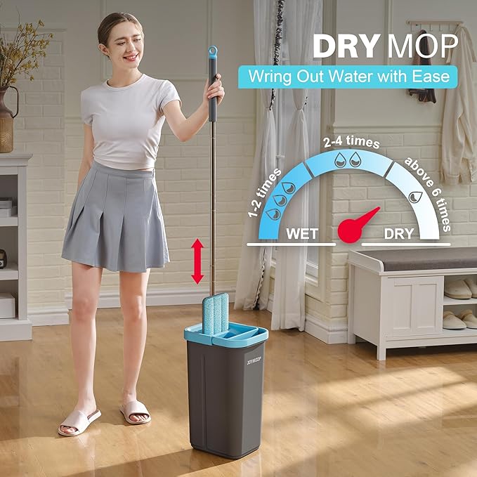 JOYMOOP Mop and Bucket Set with Wringer, with 5 Reusable Microfiber Mop Pads, Mops for Floor Cleaning and Wall Cleaning, Hands-Free Flat Mop for Home Use - Grey+Cyan Blue-Ruum Studio Home