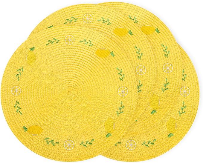 Whaline 4Pcs Round Placemats Lemon Embroidered Place Mats Summer Lemon Greenery Leaves Dinner Table Mats for Home Wedding Baby Shower Birthday Party Decor-Ruum Studio Home