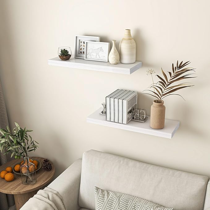 Farmhouse Floating Shelves - 8 Inch Deep Rustic Wood Wall Shelf - Premium Solid Pine Wood Storage Shelf Display Shelf for Kitchen Living Room Bedroom - 24"W x 8"D - Set of 2 - White Color-Ruum Studio Home