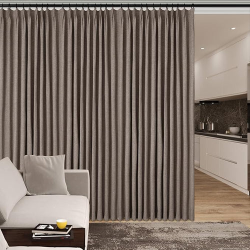 100% Blackout Linen Textured Drapes for Bedroom Pinch Pleated Curtains for Track System Portable Drapery for Sliding Glass Door/Storage/Space Room Divider, 70" Wx96 L, 1 PC, Light Coffee-Ruum Studio Home