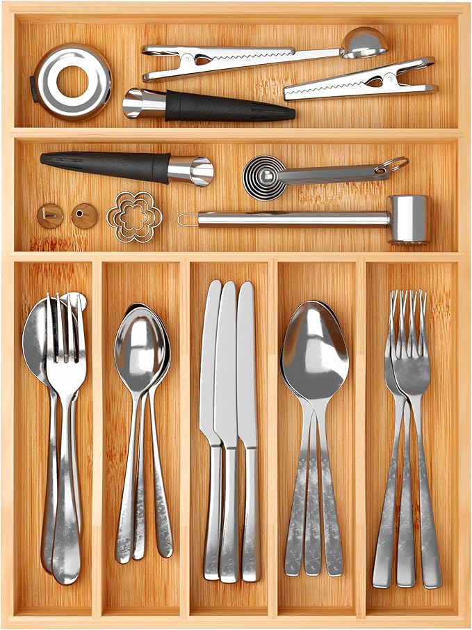 BAMEOS Bamboo Silverware Drawer Organizers, 11.9 inch Utensil Drawer Organizer for Kitchen Drawers, 7 Slots Total Large Flatware Organizer for Knives Cutlery Spoons Forks (Natural)-Ruum Studio Home