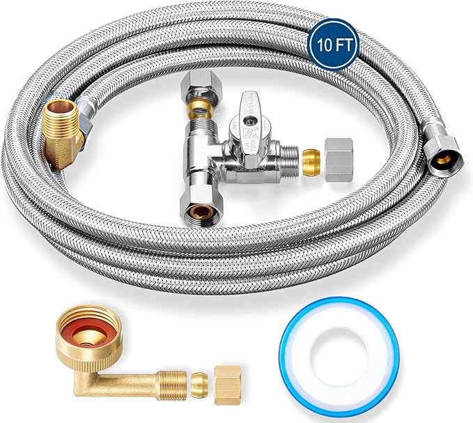 Dishwasher Installation Kit - 10 FT Stainless Steel Braided Dishwasher Hose kit,Food Grade PEX Inner Tube Water Line with 3/8"x 3/8"x 3/8" Tee Stop Valve,3/8"x 3/8"MIP Elbow,3/8"x 3/4"FHT Elbow-Ruum Studio Home