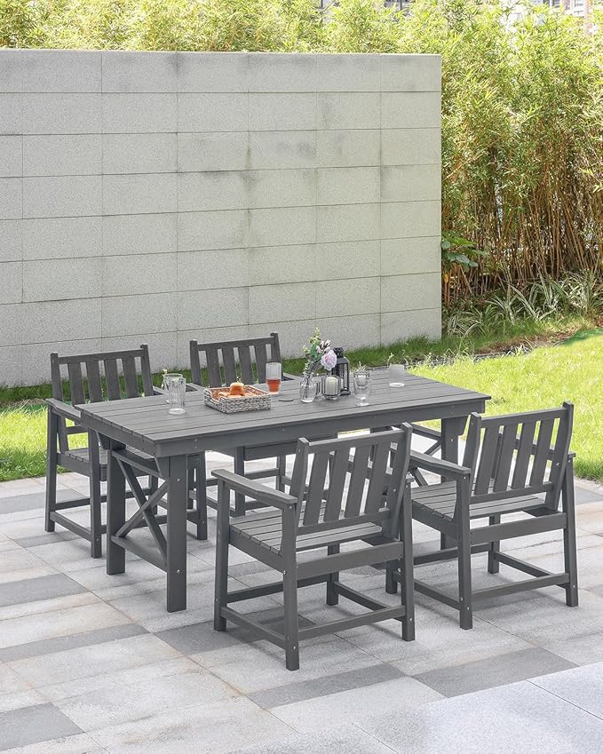 HDPE Patio Dining Set, 5-Piece Outdoor Table and Chairs with Umbrella Hole, Modern Outdoor Dining Set for 4, HDPE Outdoor Patio Furniture Dining Sets for Deck, Poolside, Porch, Smoke Gray-Ruum Studio Home